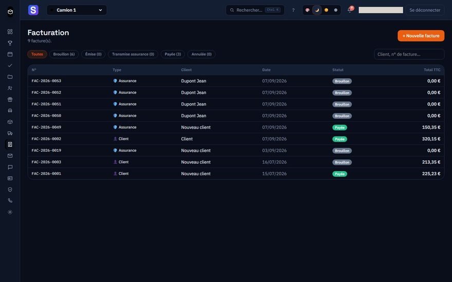 Ecran de facturation GlassERP : factures assurance et client avec statuts de paiement
