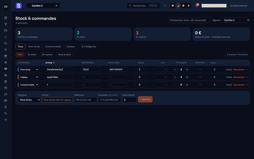 Gestion du stock de pare-brise dans GlassERP avec seuils d alerte et commandes fournisseurs