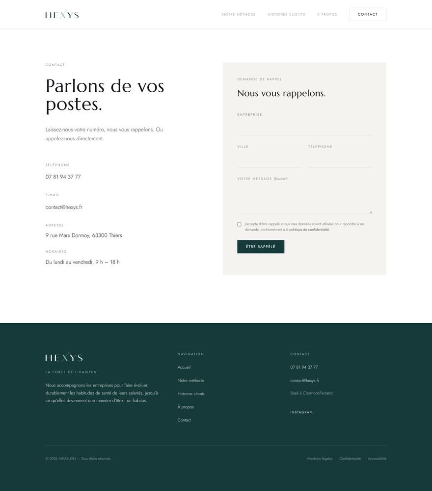 Page contact du site Hexys avec formulaire de demande de rappel