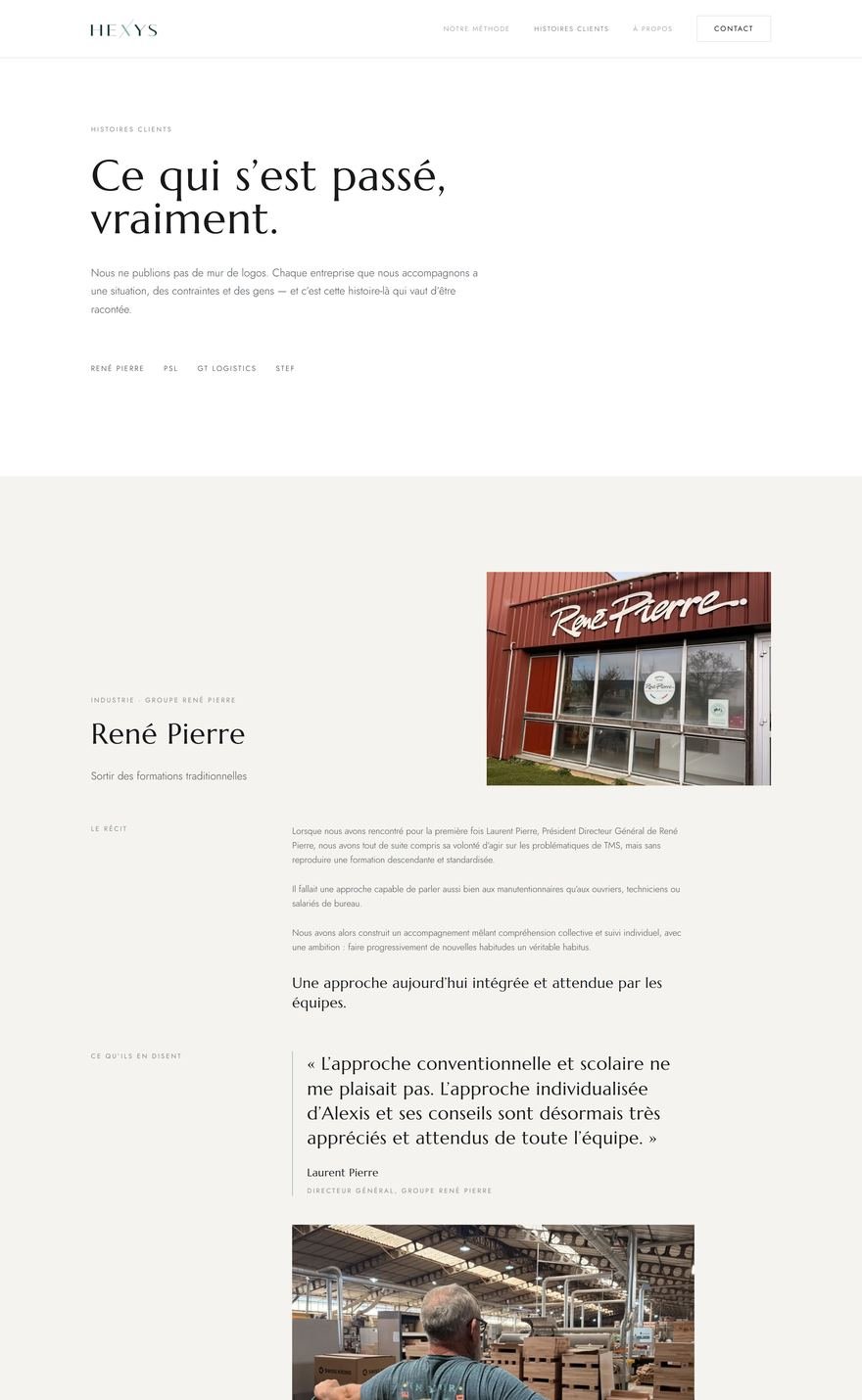 Page histoires clients du site Hexys avec des cas detailles et des temoignages