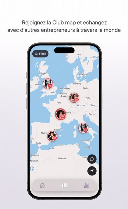 Club map de l application Majellan : reseau international d entrepreneurs sur une carte