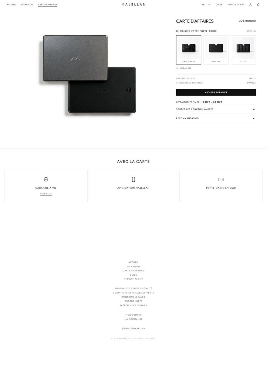 Page produit de la carte d affaires Majellan avec configurateur et ajout au panier