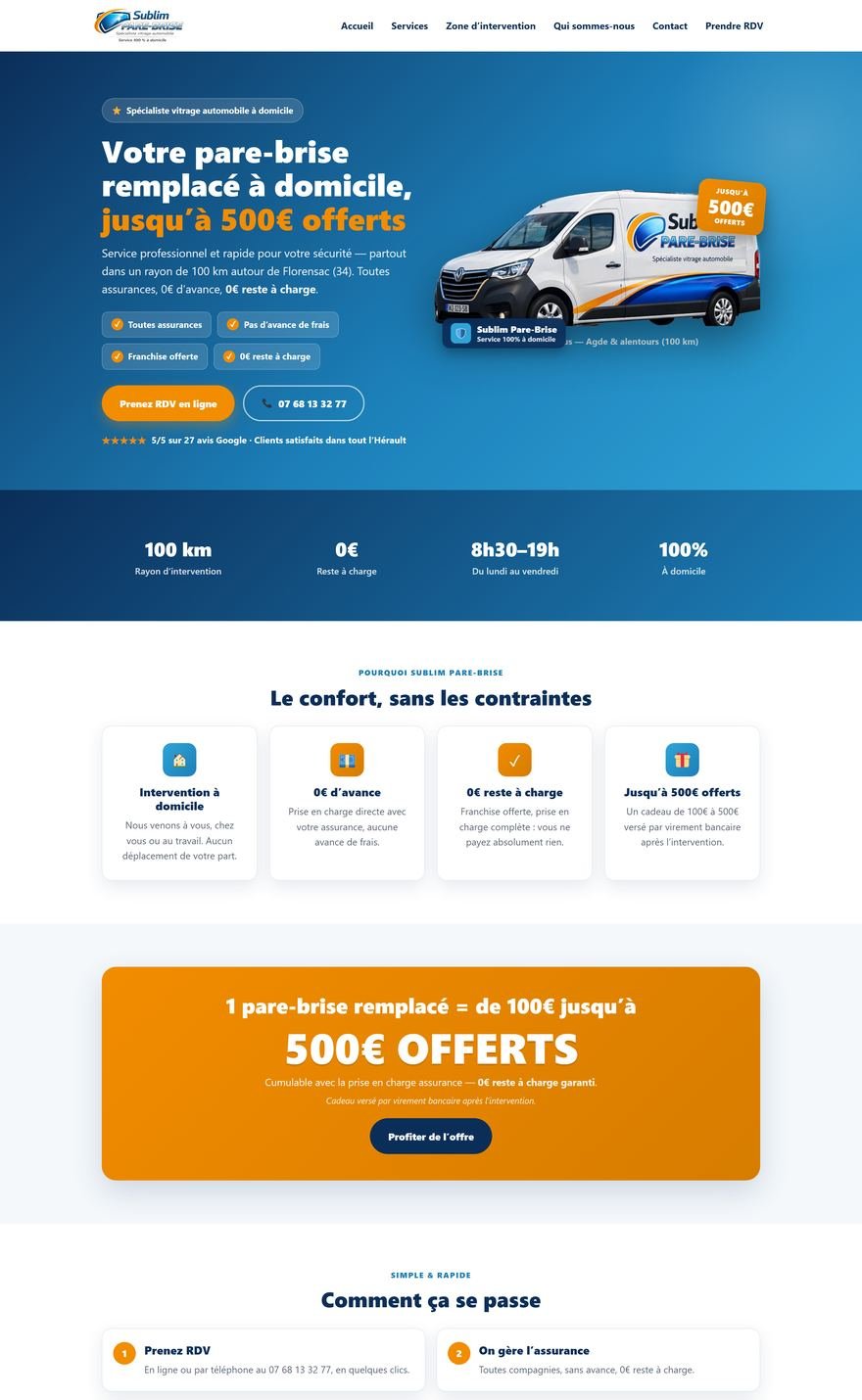 Page d accueil du site Sublim Pare-Brise developpe par Surtech