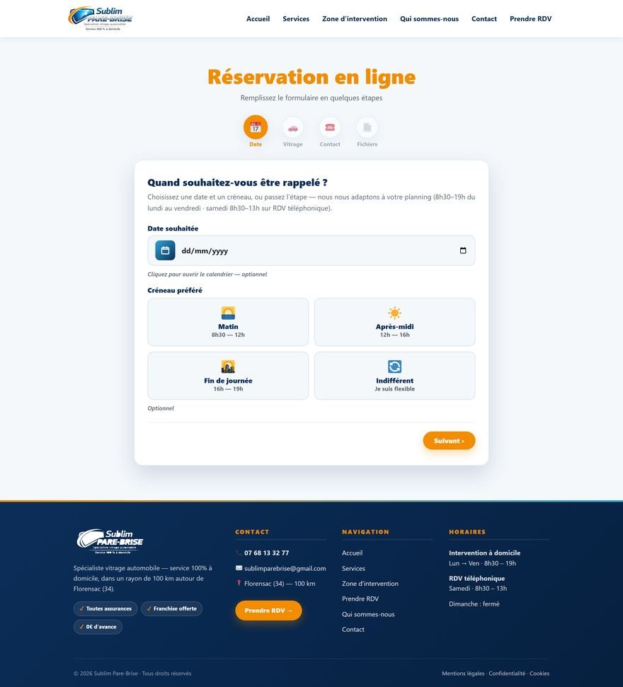 Formulaire de prise de rendez-vous en ligne du site Sublim Pare-Brise