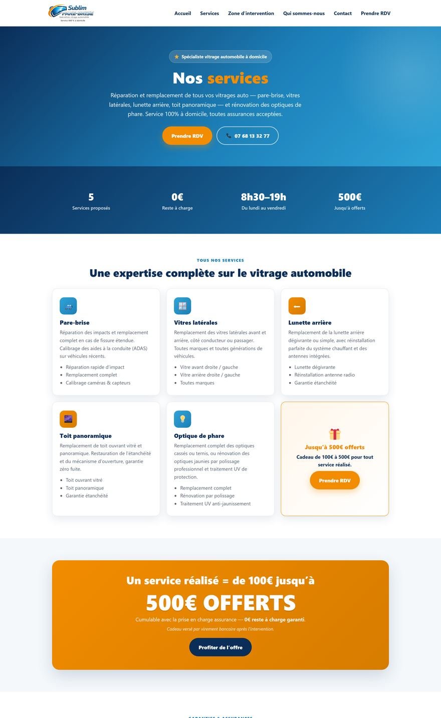 Page des services de vitrage automobile du site Sublim Pare-Brise