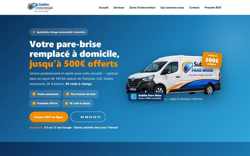Marketing site built by Surtech for Sublim Pare-Brise, with online booking and one-tap calling