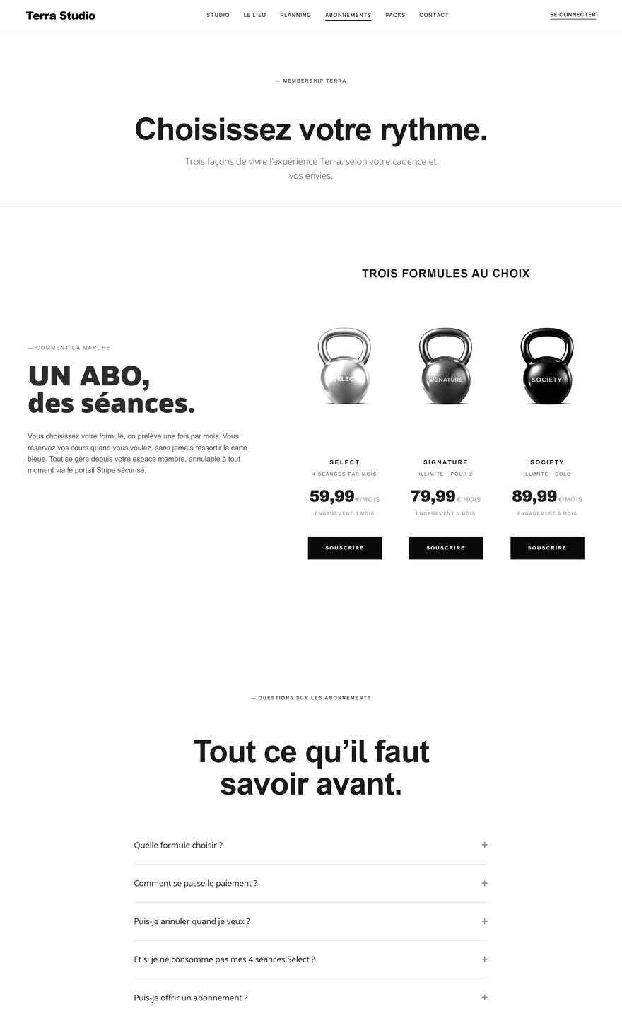 Page des formules d abonnement Terra Studio avec paiement recurrent Stripe