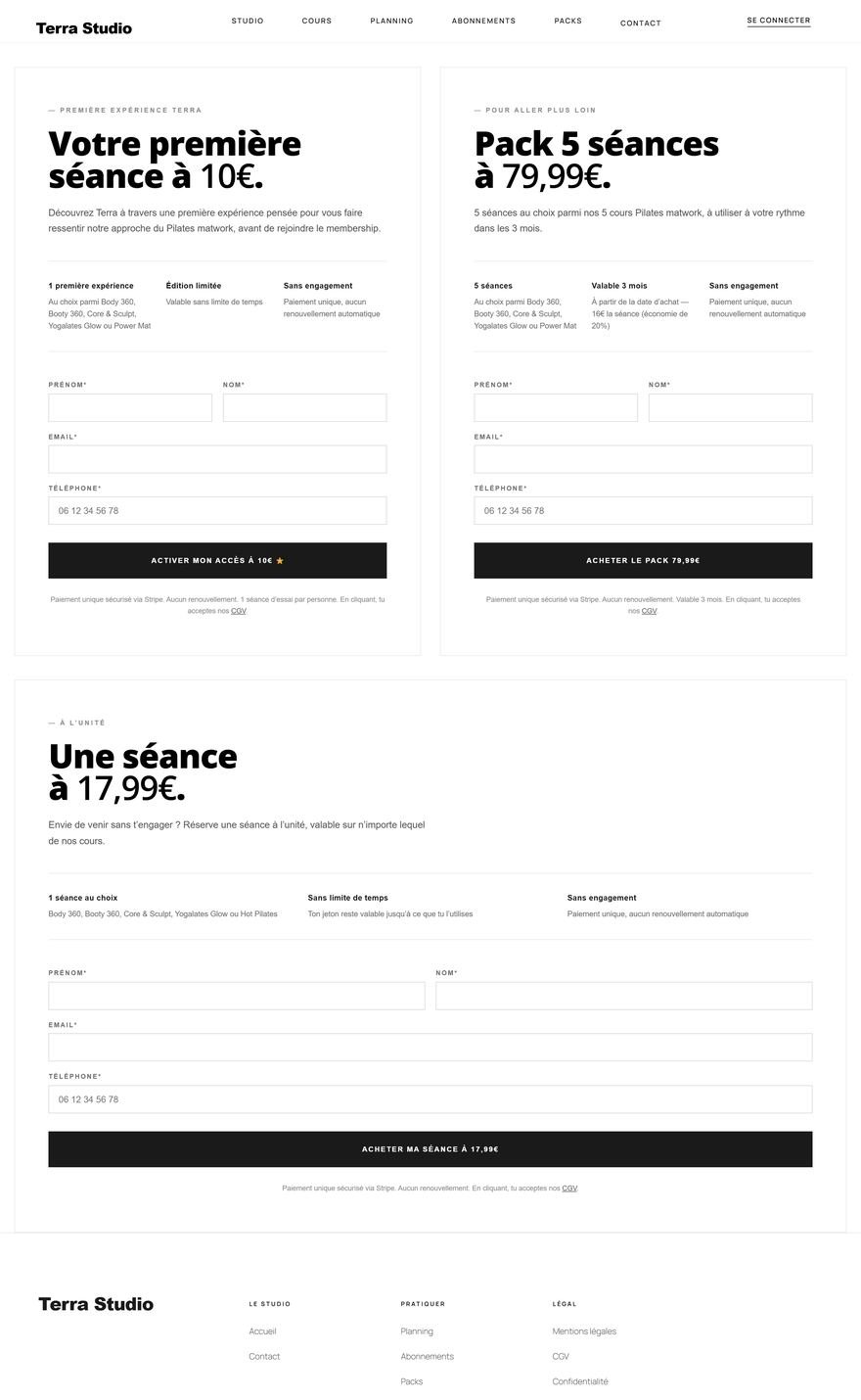 Page des packs de seances Terra Studio, paiement unique sans engagement