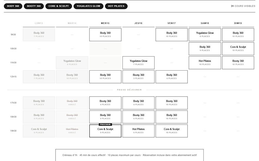 Interface de réservation développée par Surtech pour Terra Studio : planning hebdomadaire avec filtres et places restantes